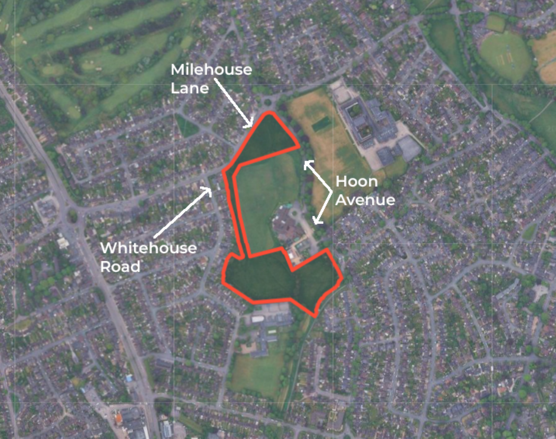 Aerial location plan showing the two parcels around Merryfields School linked by a narrow corridor behind Whitehouse Road