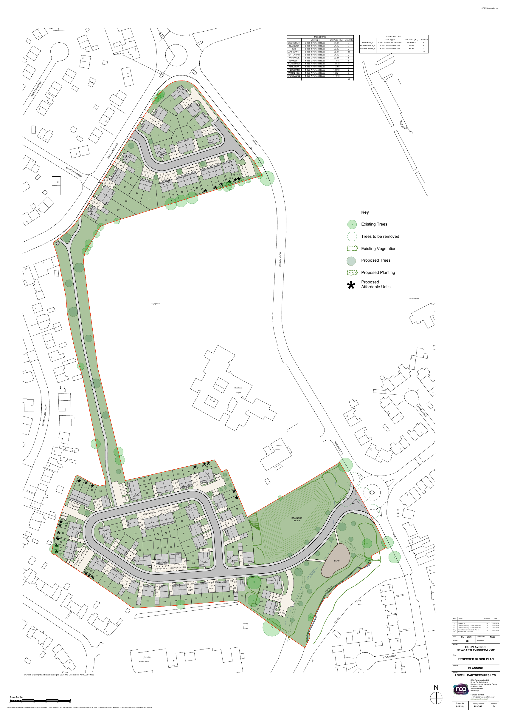 Updated Revision D proposed block plan showing 92 homes in two linked parcels around Merryfields School, with access from Milehouse Lane and Hoon Avenue, landscaping, a drainage basin and a play area
