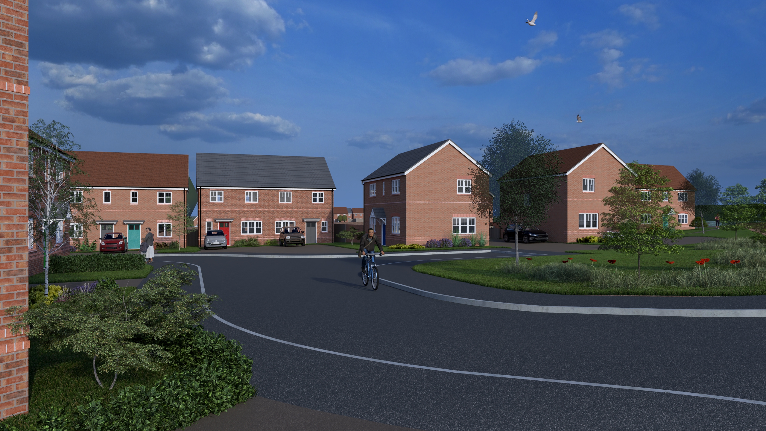 Illustrative street scene showing proposed brick homes, tree planting and landscaping