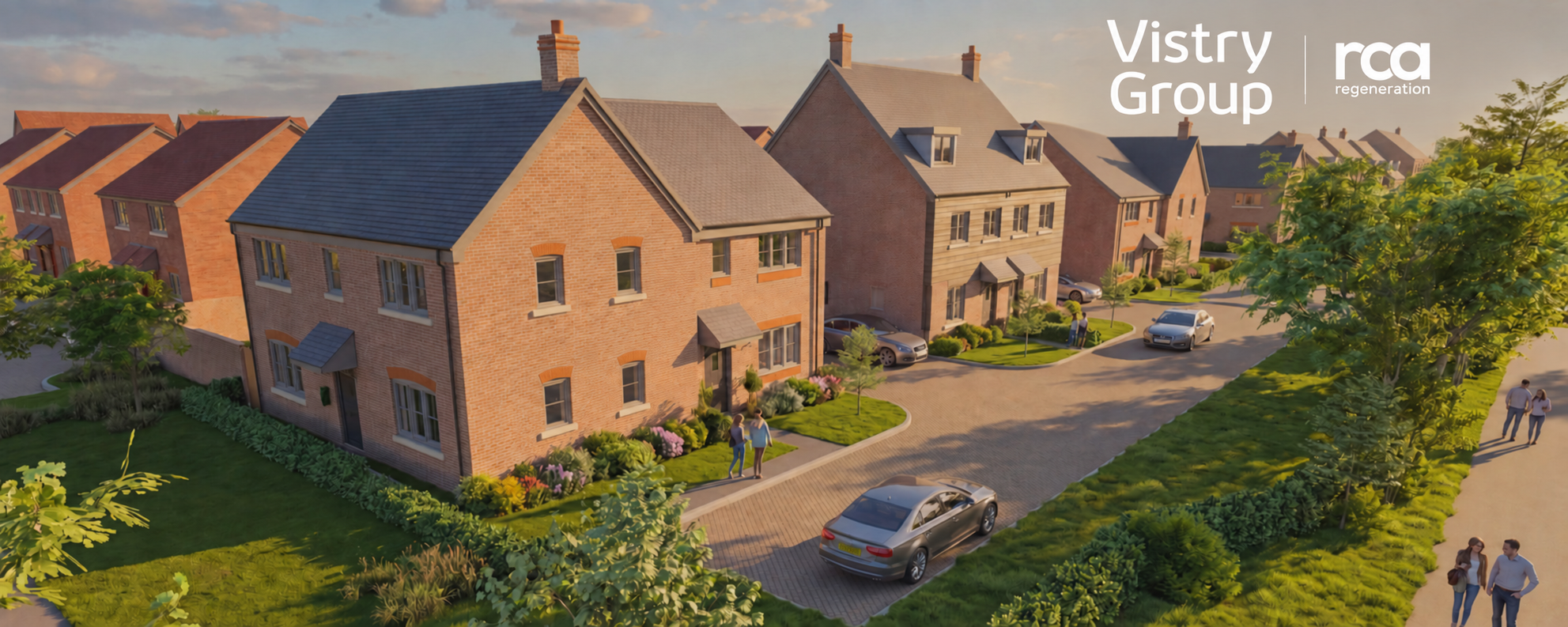 Worcester South Urban Extension housing, with Vistry Group and RCA Regeneration logos